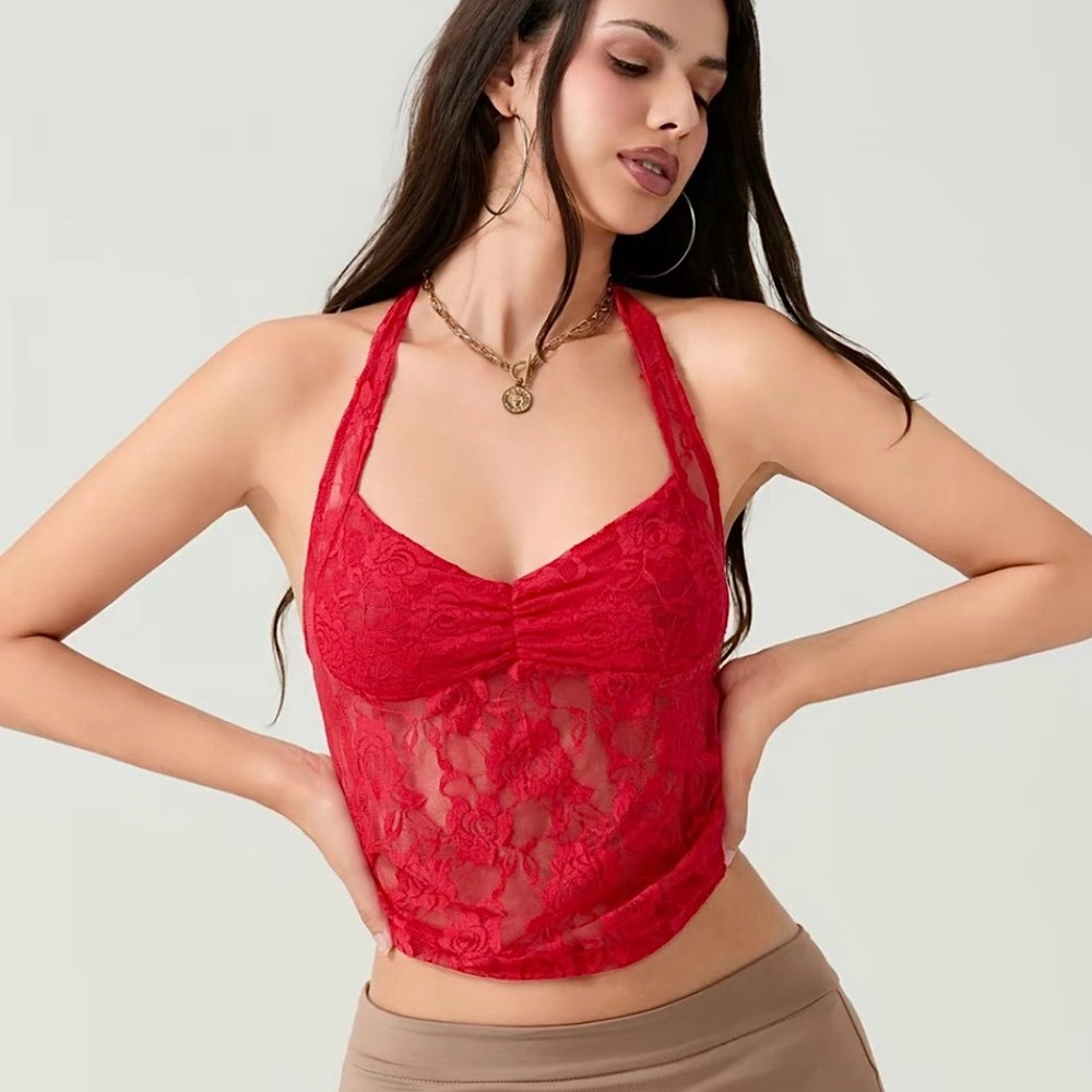 Lace Tie-Up Halter Neck Open Back Top | SM
